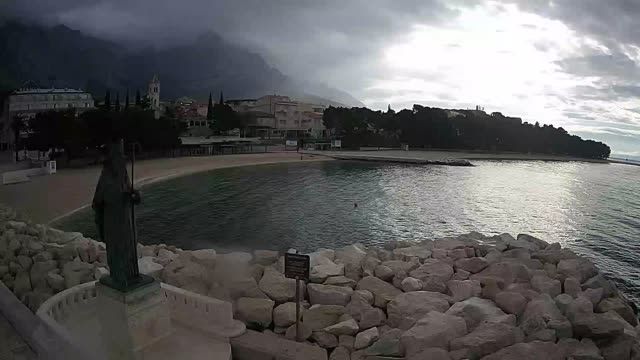 Statue of Saint Nicholas on the beach in Baska-Voda