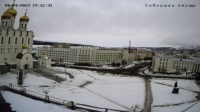 Cathedral Square. Holy Trinity Cathedral in Magadan city, Russia