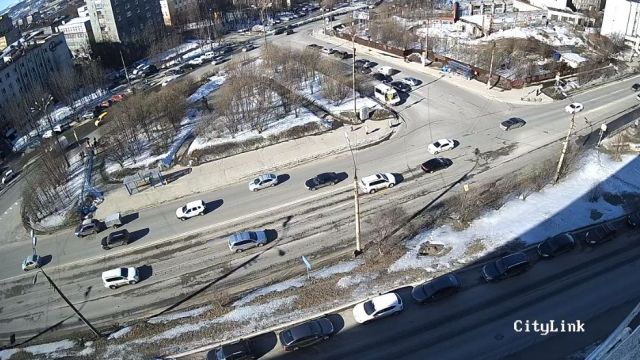 Crossroad of Karl Marx street and Papanin street in Murmansk city, Russia