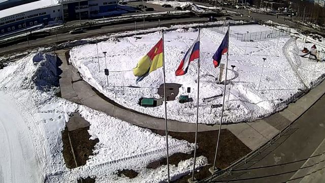 Fountain near stadium in Apatity city, Russia