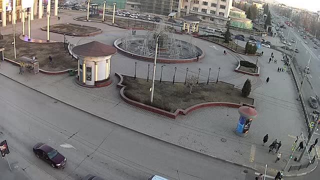 Fountain on the square of the Drama Theater of Novokuznetsk city, Russia